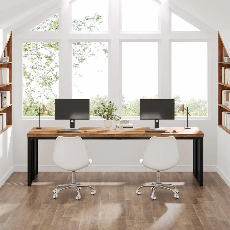 Large Rustic Brown Wood Top Black Metal Frame Writing Computer Desk