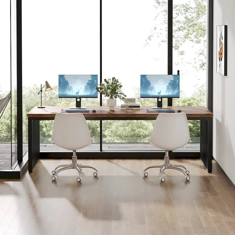 Large Rustic Brown Wood Top Black Metal Frame Writing Computer Desk