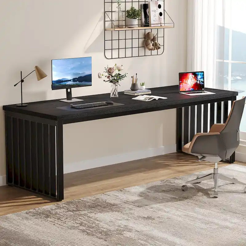 Large Rustic Brown Wood Top Black Metal Frame Writing Computer Desk