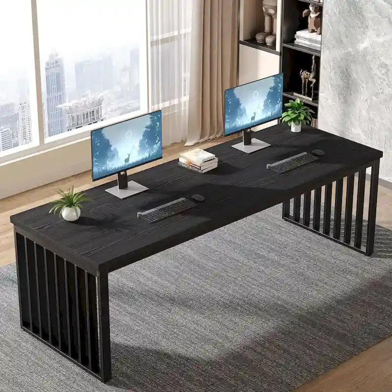 Large Rustic Brown Wood Top Black Metal Frame Writing Computer Desk