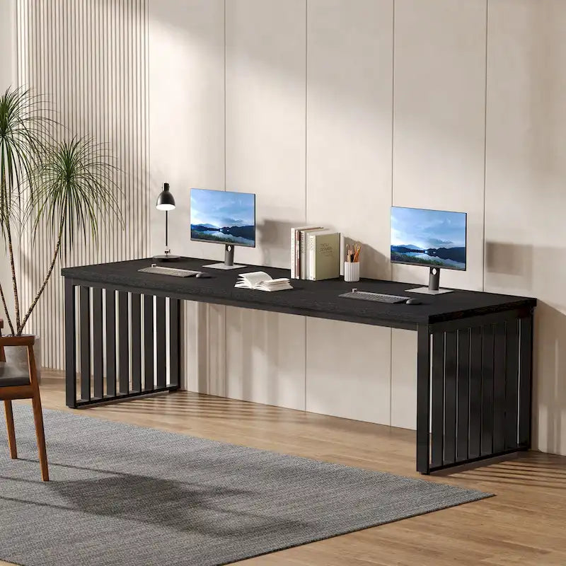 Large Rustic Brown Wood Top Black Metal Frame Writing Computer Desk
