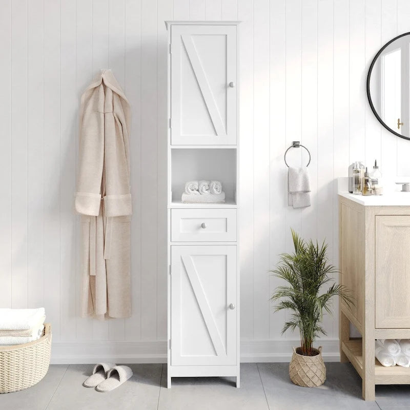 Tall Freestanding Bathroom Linen Tower Cabinet with Drawer Open Shelf Double Doors White
