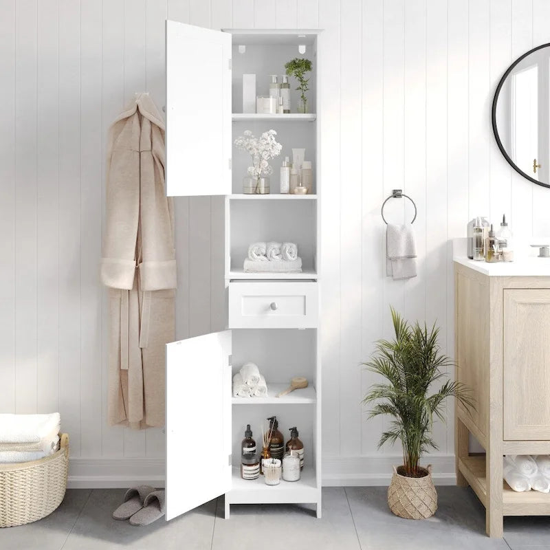 Tall Freestanding Bathroom Linen Tower Cabinet with Drawer Open Shelf Double Doors White