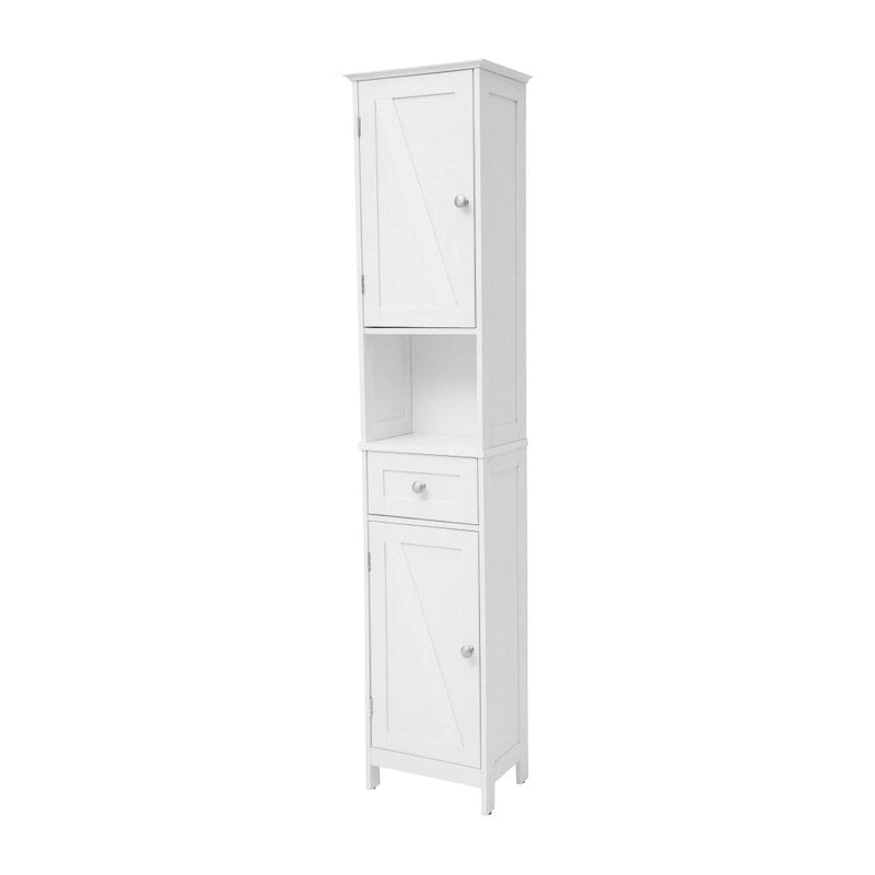 Tall Freestanding Bathroom Linen Tower Cabinet with Drawer Open Shelf Double Doors White