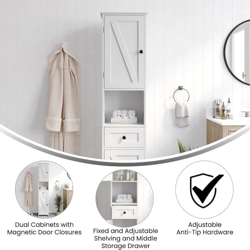 Tall Freestanding Bathroom Linen Tower Cabinet with Drawer Open Shelf Double Doors White
