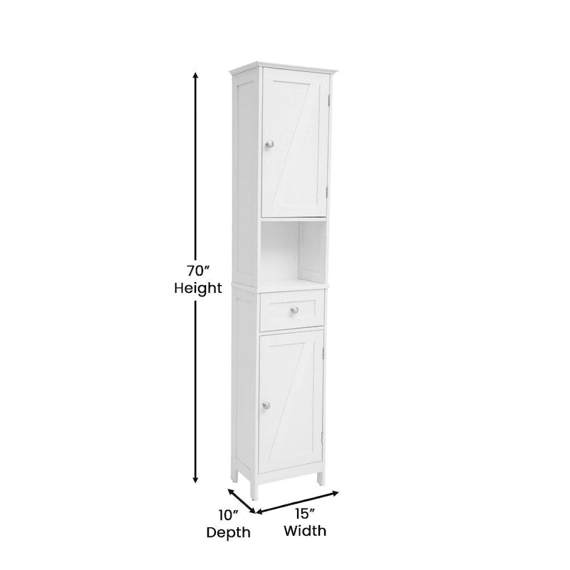 Tall Freestanding Bathroom Linen Tower Cabinet with Drawer Open Shelf Double Doors White