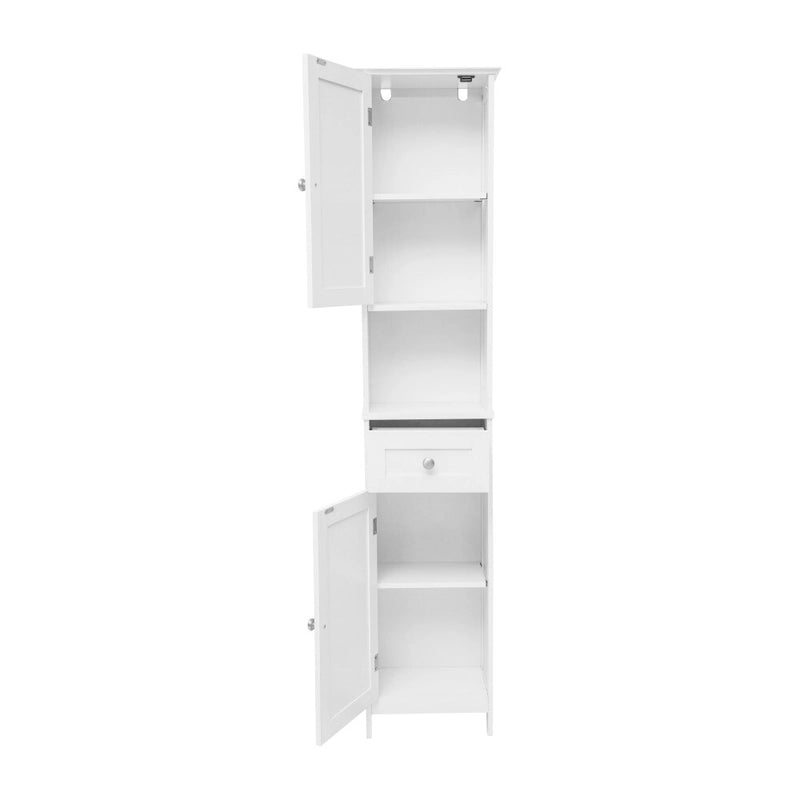Tall Freestanding Bathroom Linen Tower Cabinet with Drawer Open Shelf Double Doors White
