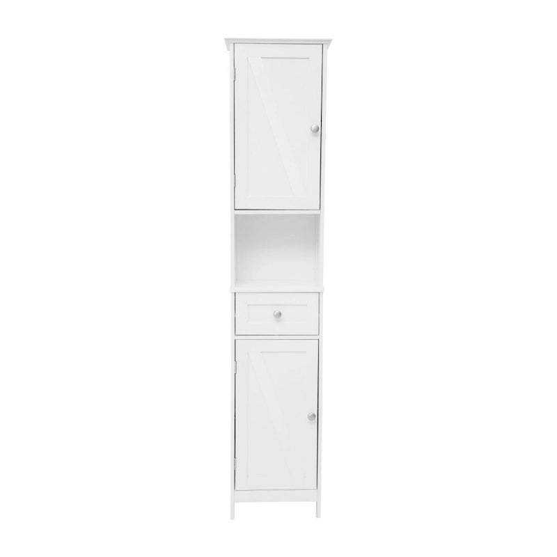Tall Freestanding Bathroom Linen Tower Cabinet with Drawer Open Shelf Double Doors White