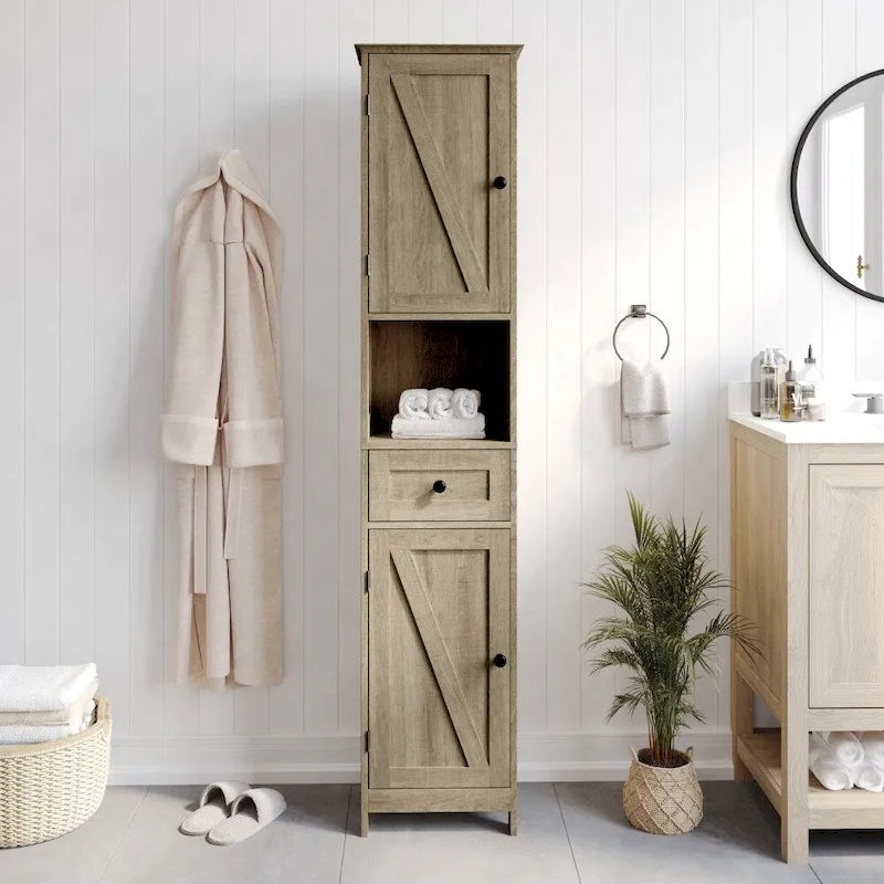 Tall Freestanding Bathroom Linen Tower Cabinet with Drawer Open Shelf Double Doors White