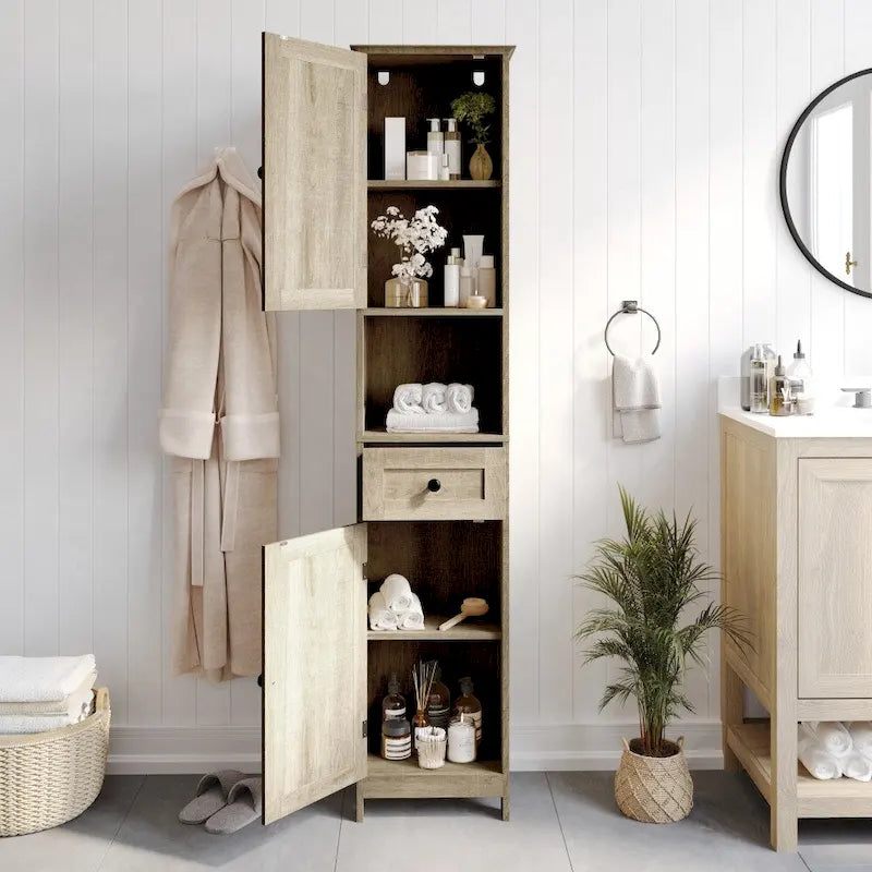 Tall Freestanding Bathroom Linen Tower Cabinet with Drawer Open Shelf Double Doors White