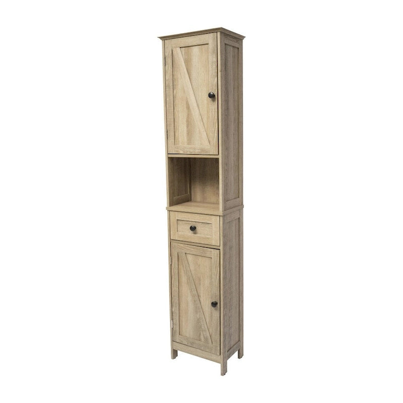 Tall Freestanding Bathroom Linen Tower Cabinet with Drawer Open Shelf Double Doors White