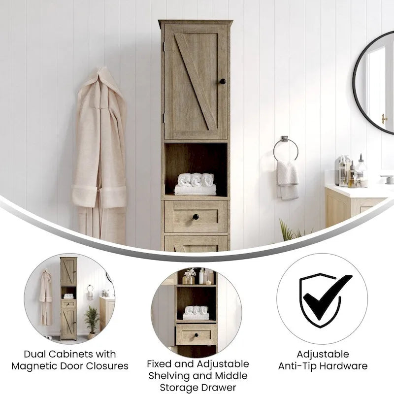 Tall Freestanding Bathroom Linen Tower Cabinet with Drawer Open Shelf Double Doors White