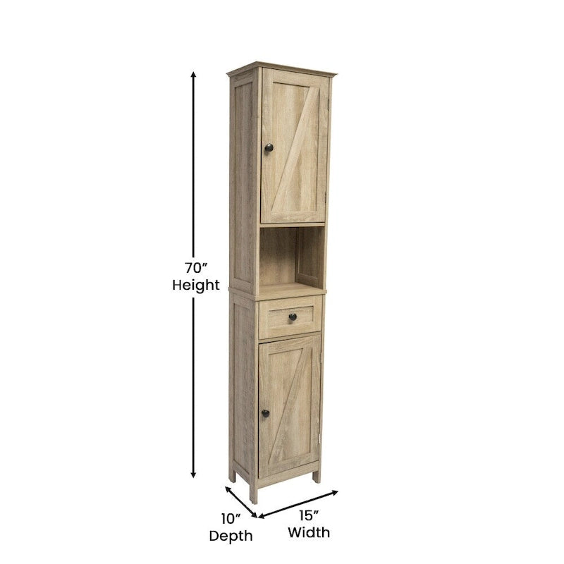 Tall Freestanding Bathroom Linen Tower Cabinet with Drawer Open Shelf Double Doors White