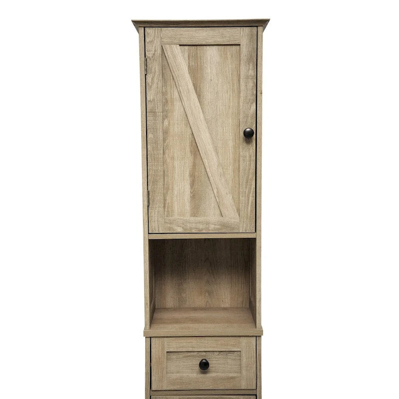 Tall Freestanding Bathroom Linen Tower Cabinet with Drawer Open Shelf Double Doors White