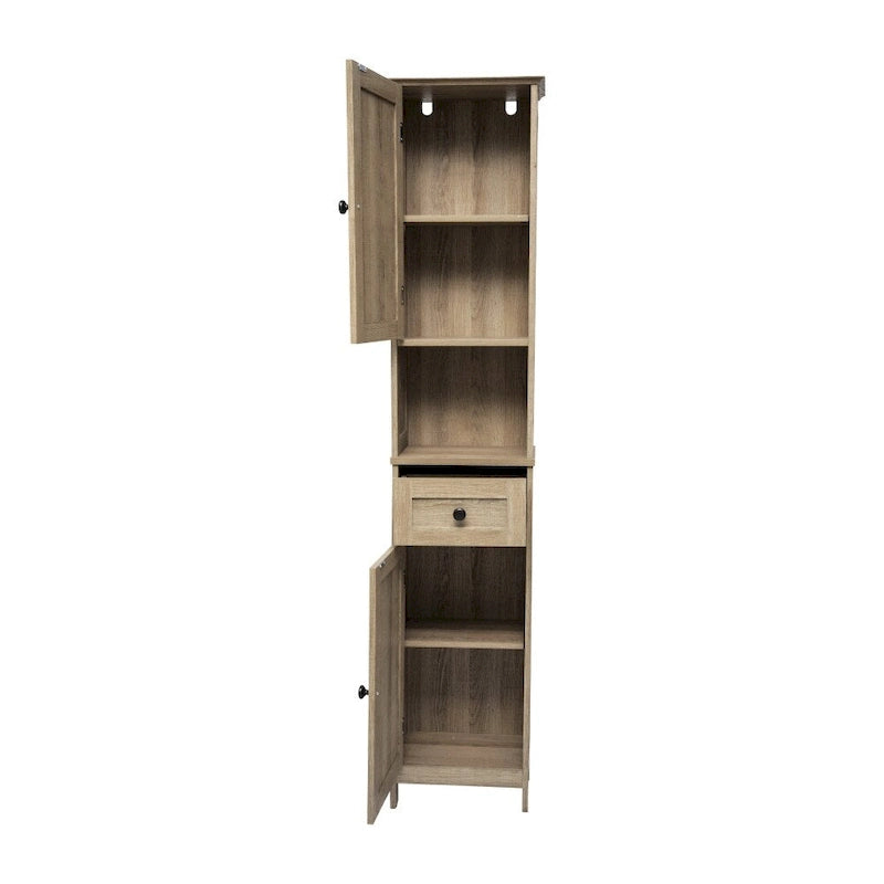 Tall Freestanding Bathroom Linen Tower Cabinet with Drawer Open Shelf Double Doors White