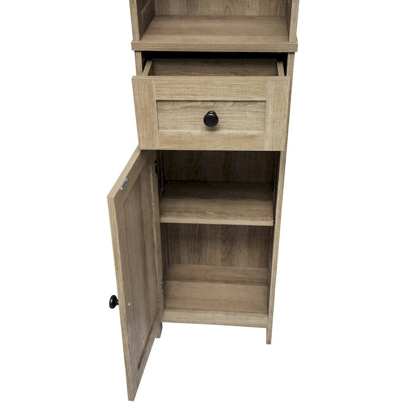 Tall Freestanding Bathroom Linen Tower Cabinet with Drawer Open Shelf Double Doors White