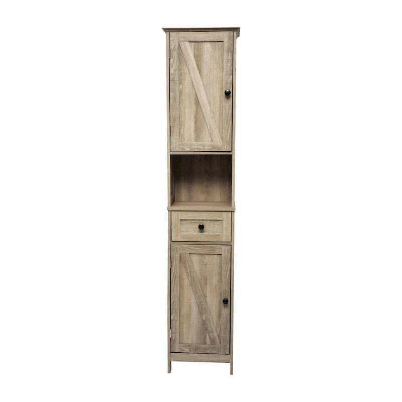 Tall Freestanding Bathroom Linen Tower Cabinet with Drawer Open Shelf Double Doors White