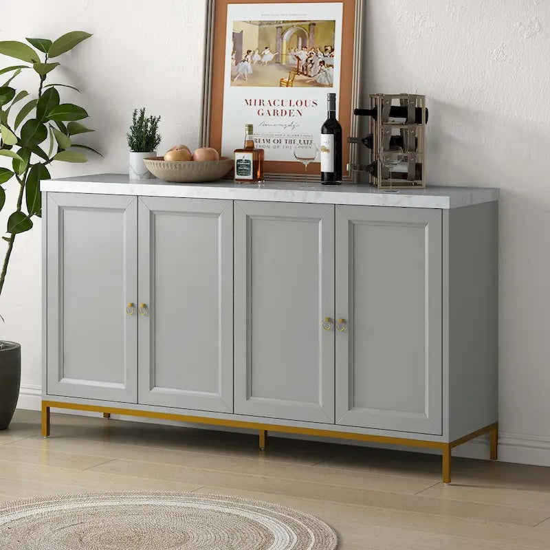 Four-Door Black Sideboard with Gold Metal Legs and Marble Top
