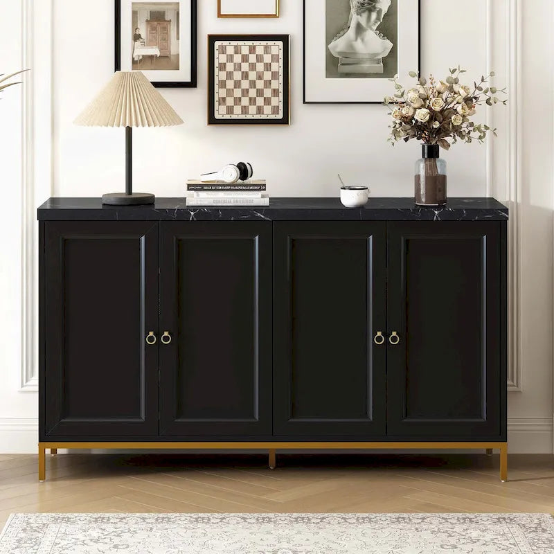 Four-Door Black Sideboard with Gold Metal Legs and Marble Top