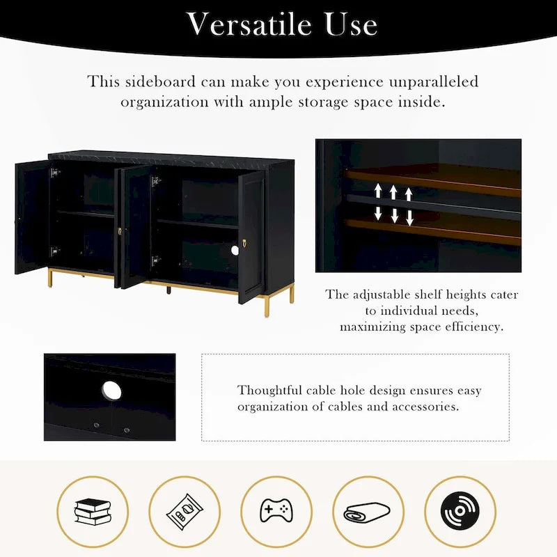 Four-Door Black Sideboard with Gold Metal Legs and Marble Top