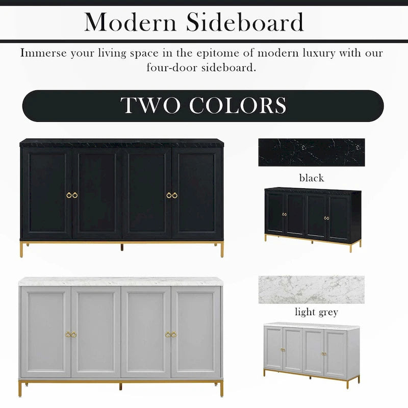 Four-Door Black Sideboard with Gold Metal Legs and Marble Top