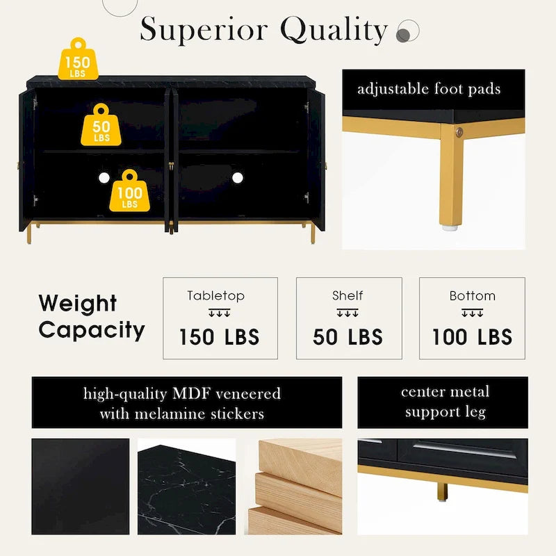 Four-Door Black Sideboard with Gold Metal Legs and Marble Top
