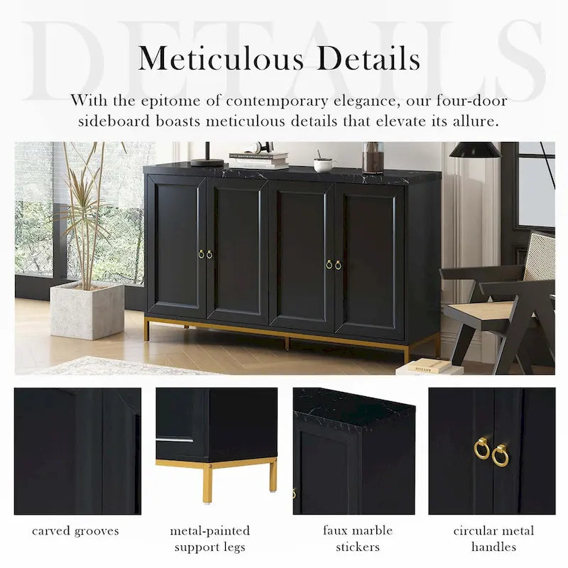 Four-Door Black Sideboard with Gold Metal Legs and Marble Top