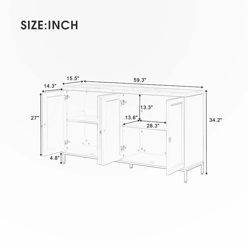 Four-Door Black Sideboard with Gold Metal Legs and Marble Top