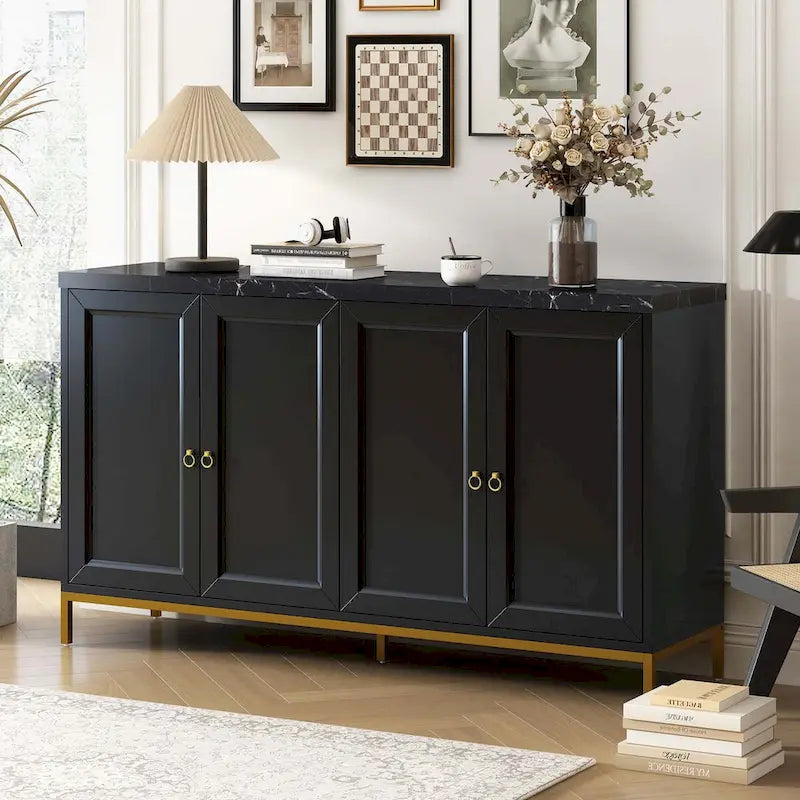 Four-Door Black Sideboard with Gold Metal Legs and Marble Top