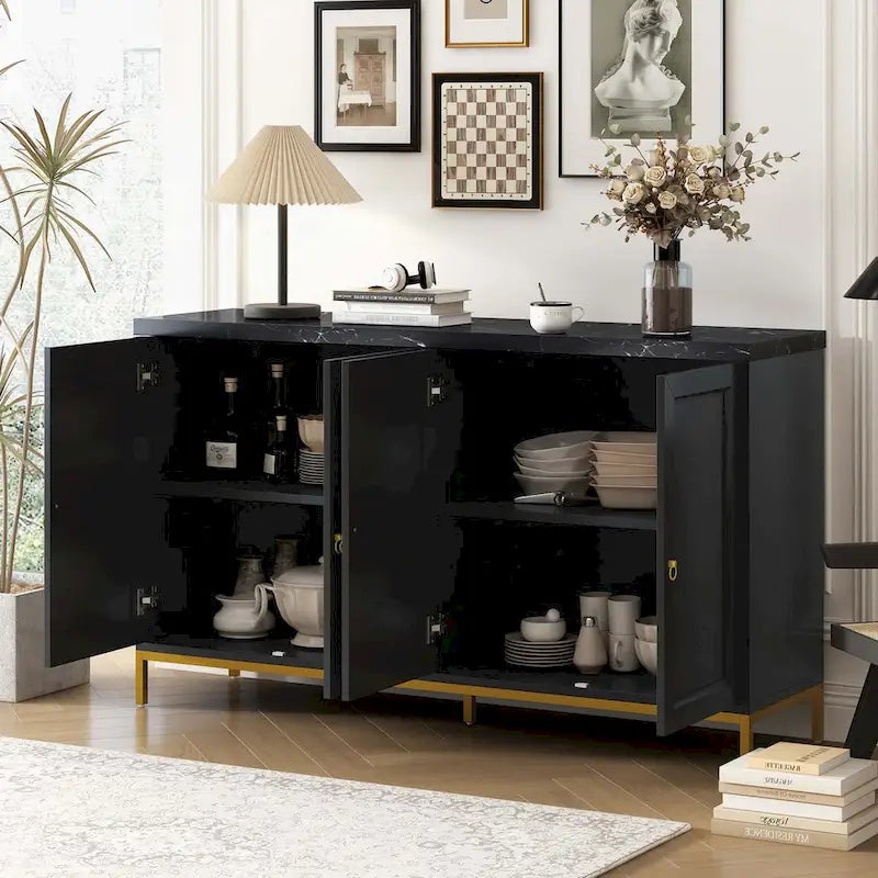 Four-Door Black Sideboard with Gold Metal Legs and Marble Top