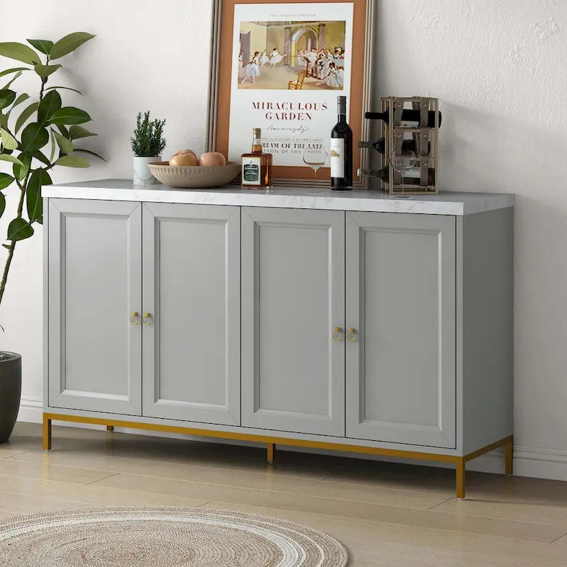 Four-Door Black Sideboard with Gold Metal Legs and Marble Top