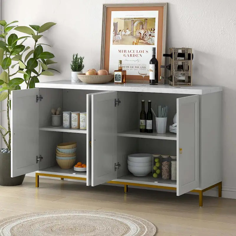 Four-Door Black Sideboard with Gold Metal Legs and Marble Top