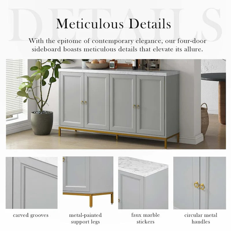Four-Door Black Sideboard with Gold Metal Legs and Marble Top
