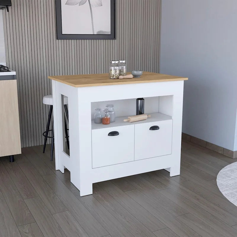 Two-Door Kitchen Island Storage Cabinet with Open Shelf Black White
