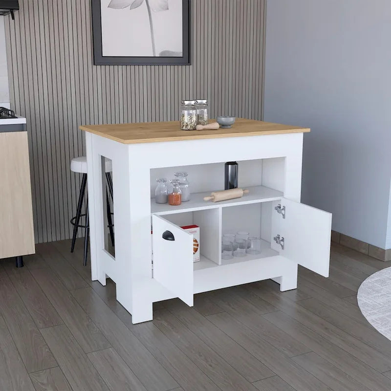 Two-Door Kitchen Island Storage Cabinet with Open Shelf Black White