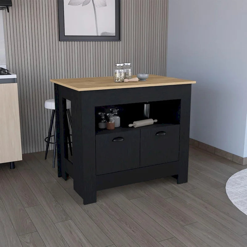 Two-Door Kitchen Island Storage Cabinet with Open Shelf Black White