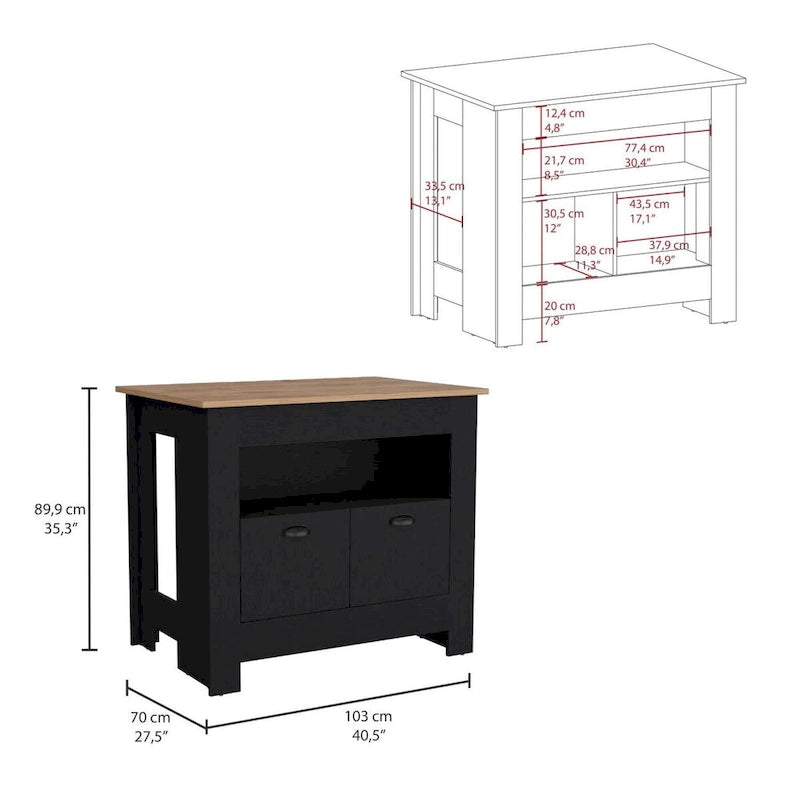 Two-Door Kitchen Island Storage Cabinet with Open Shelf Black White