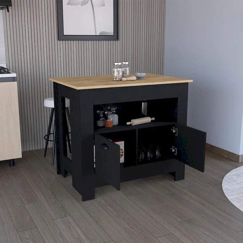 Two-Door Kitchen Island Storage Cabinet with Open Shelf Black White