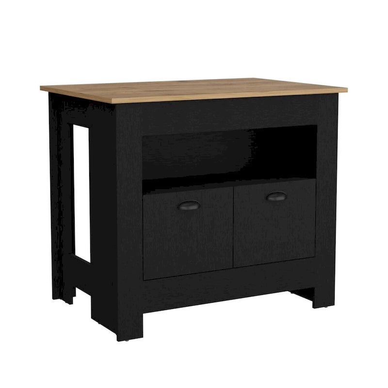 Two-Door Kitchen Island Storage Cabinet with Open Shelf Black White