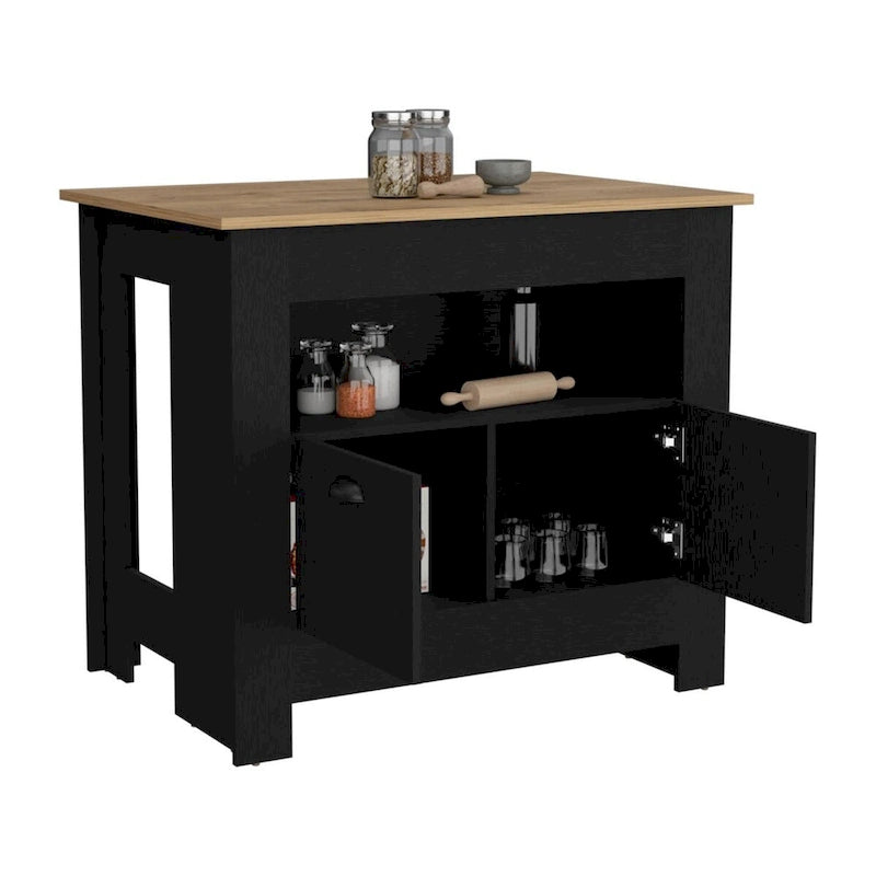 Two-Door Kitchen Island Storage Cabinet with Open Shelf Black White