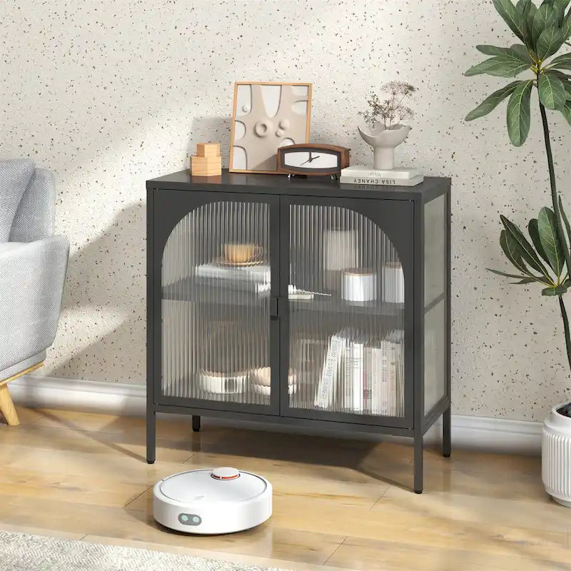 Modern Metal Sideboard Cabinet with Arched Glass Doors Black