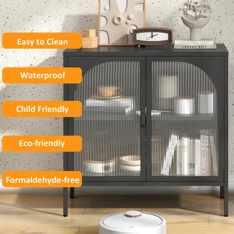 Modern Metal Sideboard Cabinet with Arched Glass Doors Black
