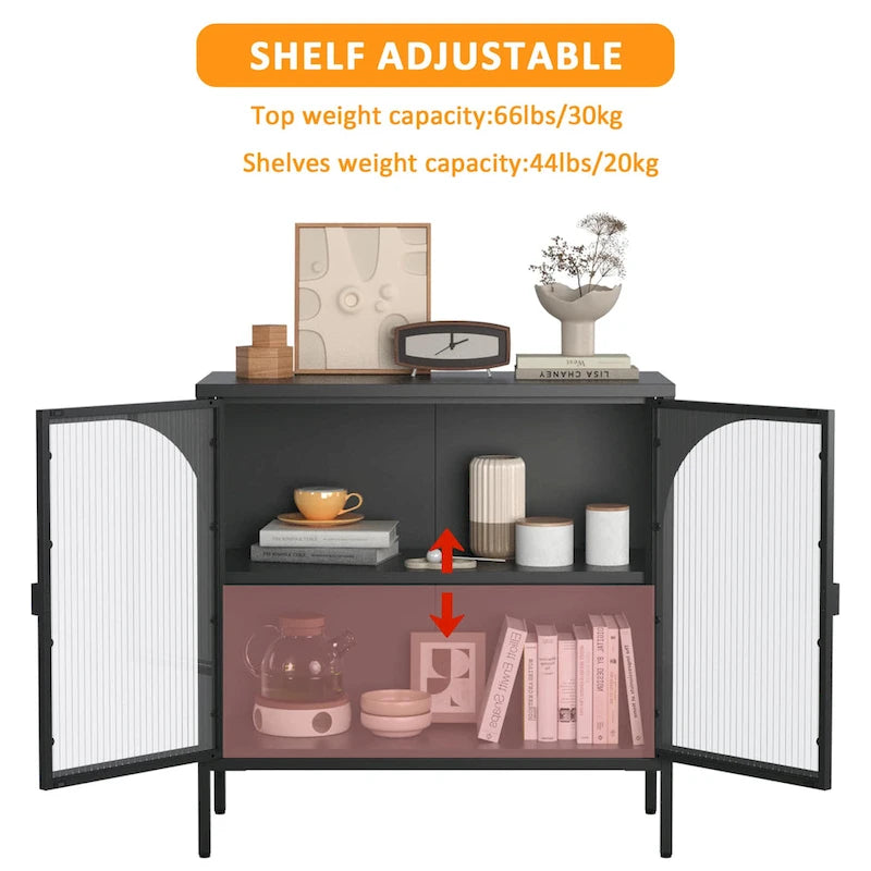 Modern Metal Sideboard Cabinet with Arched Glass Doors Black