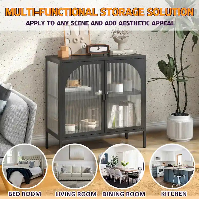 Modern Metal Sideboard Cabinet with Arched Glass Doors Black