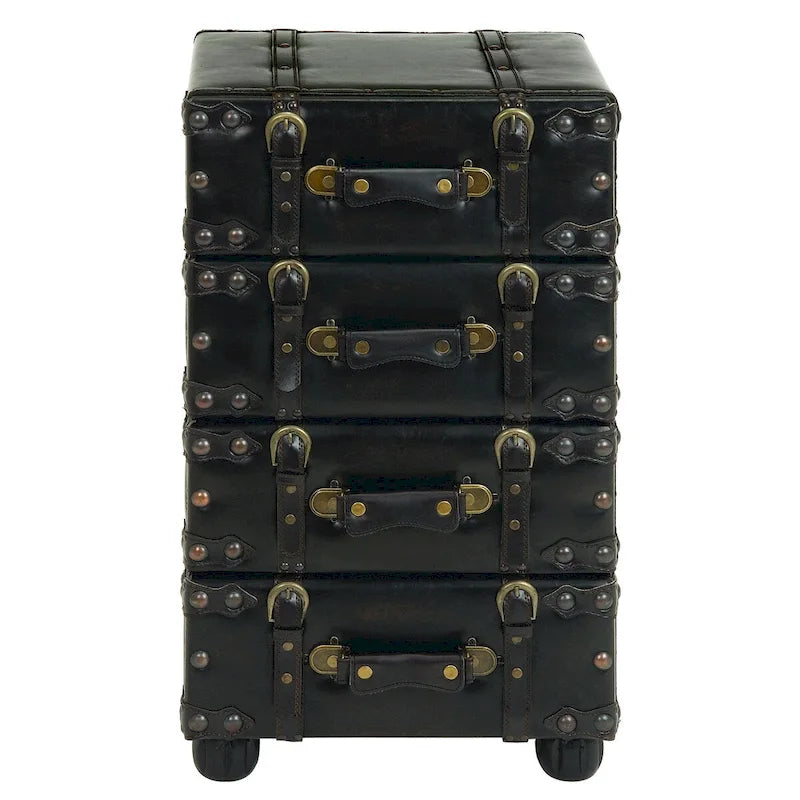 Black Faux Leather Vintage 4-Drawer Storage Chest with Antique Gold Buckle Strap Details
