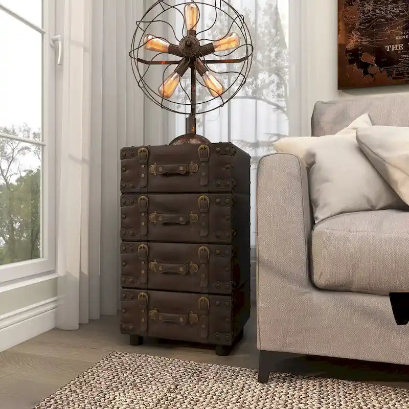 Black Faux Leather Vintage 4-Drawer Storage Chest with Antique Gold Buckle Strap Details