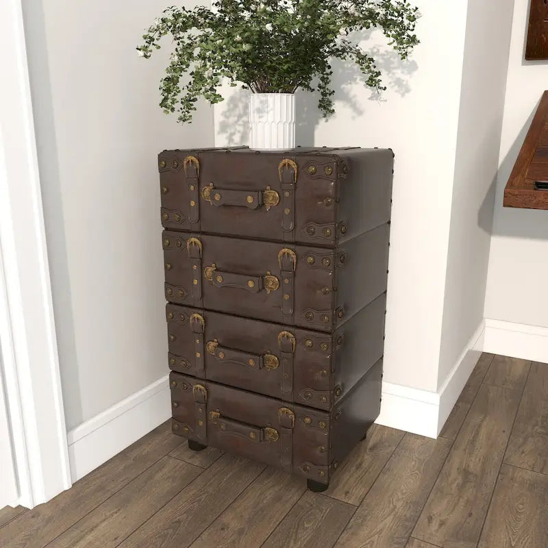 Black Faux Leather Vintage 4-Drawer Storage Chest with Antique Gold Buckle Strap Details