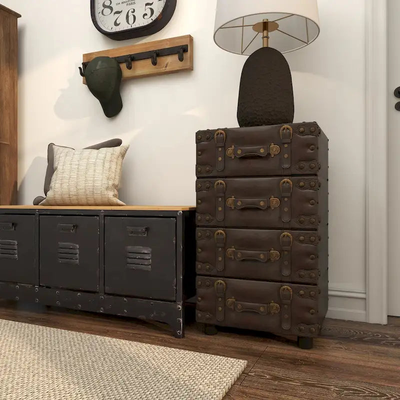 Black Faux Leather Vintage 4-Drawer Storage Chest with Antique Gold Buckle Strap Details