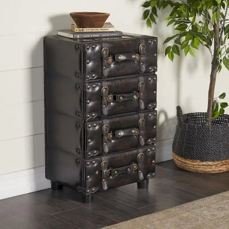 Black Faux Leather Vintage 4-Drawer Storage Chest with Antique Gold Buckle Strap Details