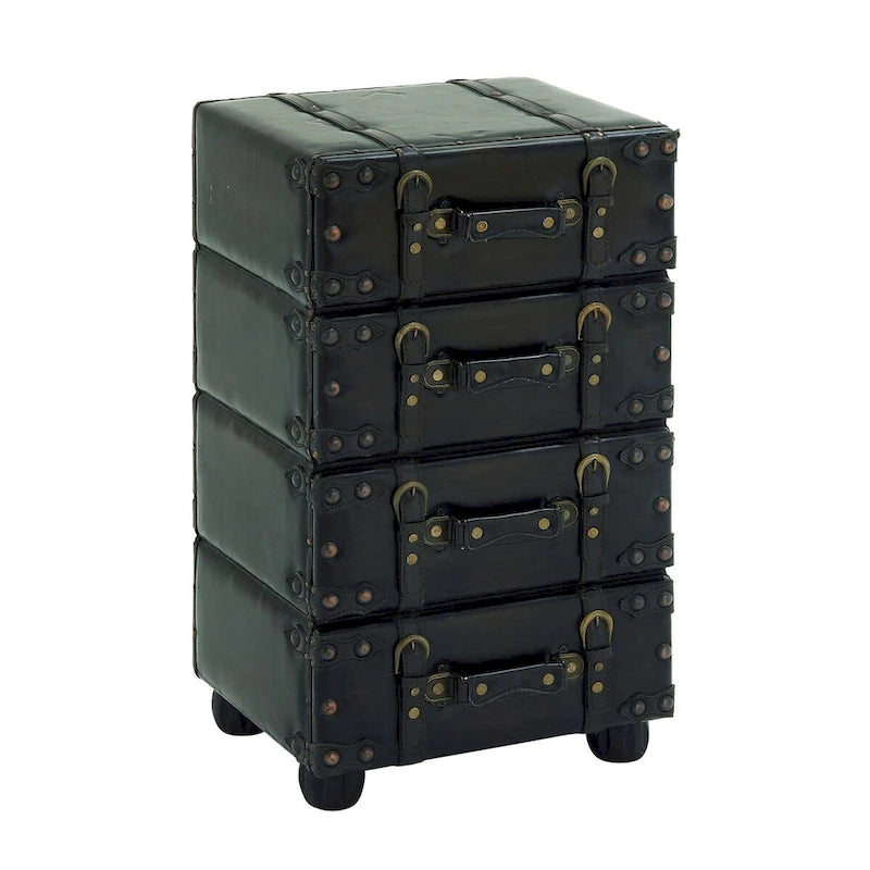 Black Faux Leather Vintage 4-Drawer Storage Chest with Antique Gold Buckle Strap Details